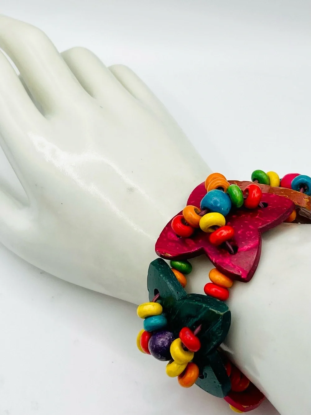 Chunky Boho Multicolor Wooden Flower Stretch Statement Bracelet